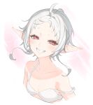  1girl absurdres ahoge blush bra breasts elf highres looking_at_viewer mo80_rr mushoku_tensei off_shoulder pointy_ears red_eyes short_hair small_breasts smile solo sylphiette_(mushoku_tensei) underwear white_background white_hair 