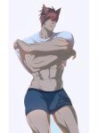  1boy abs animal_ears bara black_male_underwear boxer_briefs bulge clothes_lift erection erection_under_clothes highres large_pectorals league_of_legends male_focus male_underwear muscular muscular_male navel pectorals red_hair ryub scar scar_on_face scar_on_nose sett_(league_of_legends) shirt shirt_lift short_hair solo thick_thighs thighs underwear white_shirt 