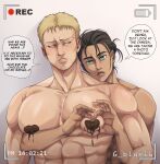  2boys abs absurdres bara black_hair blonde_hair brown_hair chocolate chocolate_on_body english_text eren_yeager facial_hair food_on_body g_blue16 green_eyes heart heart_hands highres large_pectorals looking_at_another male_focus multiple_boys muscular muscular_male nipples open_mouth parted_lips pectorals recording reiner_braun shingeki_no_kyojin short_hair twitter_username upper_body yaoi 