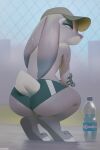  anthro baseball_cap bodily_fluids bottle bottomwear butt clothed clothing container crouching disney female hat headgear headwear hotpants judy_hopps lagomorph leporid mammal miles_df rabbit rear_view shorts solo sweat topless water water_bottle zootopia 