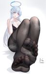  1girl baige0 blue_archive blush bra breasts cleavage collarbone feet foot_focus grey_hair halo highres lace-trimmed_bra lace_trim large_breasts long_hair looking_at_viewer nail_polish noa_(blue_archive) pantyhose purple_eyes sidelocks soles solo steam thighband_pantyhose underwear very_long_hair white_background 