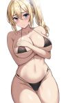  1girl absurdres bikini black_bikini blonde_hair blue_eyes blush breasts closed_mouth collarbone curvy groin hayasaka_ai highres jasony kaguya-sama_wa_kokurasetai_~tensai-tachi_no_renai_zunousen~ large_breasts micro_bikini side_ponytail sidelocks simple_background solo swimsuit thighs white_background 