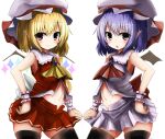  2girls ascot bat_wings black_thighhighs blonde_hair closed_mouth commentary_request cowboy_shot crystal flandre_scarlet hat hat_ribbon highres kihuzinz looking_at_viewer midriff mob_cap multiple_girls navel one_side_up open_mouth pink_shirt pink_skirt pointy_ears purple_eyes red_ascot red_eyes red_ribbon red_shirt red_skirt remilia_scarlet ribbon shirt short_hair siblings simple_background sisters skirt thighhighs touhou white_background white_headwear wings wrist_cuffs yellow_ascot 