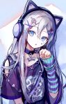  1girl absurdres animal_ear_headphones animal_ears arm_warmers arrow_through_heart black_choker blue_eyes bow_choker broken_heart cat_ear_headphones choker clothing_cutout commentary fake_animal_ears flower hair_between_eyes hair_flower hair_ornament hairclip headphones heart_stickers highres long_hair negai_wa_itsuka_asa_o_koete_(project_sekai) non-web_source official_alternate_costume paw_pose pipi project_sekai purple_shirt purple_theme red_flower red_rose rose shirt short_sleeves shoulder_cutout solo sticker_on_face striped_arm_warmers upper_body very_long_hair white_hair x_hair_ornament yami_kawaii yoisaki_kanade 