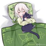  1girl 1other blanket closed_eyes genshin_impact green_eyes green_hair green_pajamas hair_between_eyes hair_ornament highres kamiiart leaf_hair_ornament long_hair multicolored_hair nahida_(genshin_impact) pajamas pillow scaramouche_(cat)_(genshin_impact) scaramouche_(genshin_impact) sleeping white_hair 