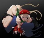  1girl ahoge ass beret blonde_hair blue_eyes boots braid cammy_white combat_boots fingerless_gloves gloves green_leotard hat highres leotard long_hair loped muscular muscular_female scar simple_background solo street_fighter street_fighter_v thong_leotard twin_braids 