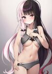  1girl absurdres bare_shoulders black_hair blush breasts closed_mouth grey_panties grey_sports_bra hair_ornament highres long_hair looking_at_viewer medium_breasts multicolored_hair navel nijisanji otk0u6 panties red_eyes red_hair smile solo split-color_hair sports_bra streaked_hair two-tone_hair underwear very_long_hair virtual_youtuber white_hair yorumi_rena 