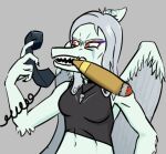  &lt;3 &lt;3_eyes 5_fingers anthro arm_feathers arm_tuft blue_body bone_frill breasts cigar cigar_in_mouth clothing colored crop_top elbow_feathers elbow_tuft electronics fang_(gvh) feathered_wings feathers female fingers frill_(anatomy) frown goodbye_volcano_high grey_body grey_feathers hair holding_object holding_phone jewelry makeup midriff necklace object_in_mouth pendant phone pterodactylus pterosaur reptile scalie sharp_teeth shirt silver_hair simple_background smoking smoking_cigar snoot_game snout solo teeth topwear tuft unknown_artist wings 