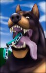  absurd_res anthro anthro_pred black_nose bodily_fluids canid canine canis dobermann domestic_dog gfhs hi_res invalid_tag macro male male_pred mammal open_mouth pinscher saliva saliva_string simple_background size_difference solo teeth train vehicle vore 
