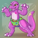  1:1 absurd_res animate_inanimate anthro claws clothed clothing diaper dinosaur fierce hi_res inflatable inflation_valve living_inflatable male markings open_mouth pattern_diaper pool_toy raised_claws reptile scalie simple_background solo spread_legs spreading symrea tail tail_markings wearing_diaper zoran 