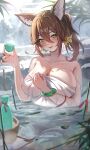  1girl :p absurdres animal_ears blush bottle bracelet breasts brown_hair choko_(cup) cleavage closed_mouth cup fox_ears fox_girl green_eyes hair_between_eyes hair_ornament highres holding holding_cup honkai:_star_rail honkai_(series) jewelry large_breasts long_hair naked_towel onsen outdoors partially_submerged ponytail sake_bottle smile tansuan_(ensj3875) tingyun_(honkai:_star_rail) tongue tongue_out towel water wet 