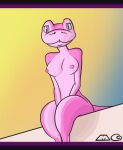  anthro digitigrade female letterbox mystery-goop outside pink_body pink_scales pink_skin pinki_(mystery-goop) reptile scales scalie slim snake solo sunset 