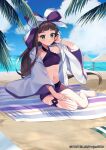  1girl anne_(wixoss) barefoot beach bikini blanket blue_sky blush bow breasts brown_hair cloud day green_eyes hair_bow hand_up hood hood_down hooded_jacket horizon jacket long_hair long_sleeves looking_at_viewer navel ocean official_art open_clothes open_jacket outdoors parted_lips purple_bikini sitting sky small_breasts solo sweat swimsuit very_long_hair water white_jacket wide_sleeves wixoss yamabukiiro yokozuwari 