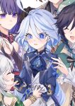  2boys 3girls ahoge ascot asymmetrical_gloves beret black_ascot black_gloves black_hair blue_brooch blue_eyes blue_gemstone blue_hair blue_jacket braid bridal_gauntlets brown_hair cape cowlick crying drop-shaped_pupils furina_(genshin_impact) gem genshin_impact gloves gradient_hair hat head_out_of_frame headpat highres jacket japanese_clothes kimono light_blue_hair long_hair long_sleeves mismatched_pupils multicolored_hair multiple_boys multiple_girls nahida_(genshin_impact) open_mouth pe_eee00 purple_eyes purple_hair purple_kimono raiden_shogun smile solo_focus venti_(genshin_impact) white_gloves white_hair zhongli_(genshin_impact) 