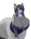  2022 4:5 absurd_res anthro areola big_breasts biped black_hair blue_highlights breasts canid canine canis coyote female fox fur grey_body grey_fur hair hi_res highlights_(coloring) huge_breasts hybrid inake leaning mammal open_mouth open_smile purple_eyes simple_background smile solo white_background zenocoyote_(oc) 