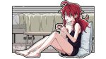  1girl ahoge barefoot bed black_camisole black_shirt blue_eyes braid burn_scar camisole cup highres holding holding_cup kazuuchi_ataru looking_at_viewer low_ponytail on_floor out_of_frame outline red_hair scar scar_on_chest shinsougumi shirt single_braid sitting sitting_on_pillow solo spaghetti_strap strap_slip table tamaya tongue tongue_out virtual_youtuber white_outline 