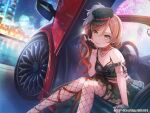  1girl bang_dream! bare_shoulders belt_collar black_gloves black_headwear black_skirt bracelet brown_hair building car collar dutch_angle fingerless_gloves fishnet_pantyhose fishnet_top fishnets gloves hat imai_lisa jewelry long_hair looking_at_viewer mini_hat motor_vehicle necklace night official_art pantyhose sitting skirt yellow_eyes 