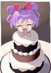  1girl absurdres ahoge ai-generated_art_(topic) ai_drawing_person_in_cake_(meme) anisakisu blush bow cake closed_eyes crying double_bun english_commentary food hair_bow hair_bun highres in_food manaka_lala meme open_mouth pink_bow pretty_(series) pripara purple_hair short_hair solo streaming_tears tears 