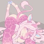  anthro big_butt breasts butt female front_view fur giraffe giraffid hair hi_res hooves horn legs_up looking_at_viewer lying mammal missy_(artist) nude on_front ossicone pink_body pink_fur scarlette_(obessivedoodle) solo tail tail_tuft tuft white_hair 