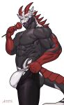  1boy abs amonsyd animal_skull bara briefs bulge_lift dragon_boy dragon_horns dragon_tail feet_out_of_frame flower from_side furry furry_male gradient_skin highres holding holding_flower horns i&#039;ve_never_seen_a_guy_recreate_this_successfully_tbh_(meme) large_bulge large_pectorals male_focus male_underwear meme muscular muscular_male navel open_pants original pants pants_lift pectorals red_flower red_rose rose skull_on_head solo spikes standing stomach tail topless_male undersized_clothes underwear white_male_underwear 