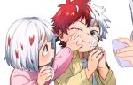  1boy 1girl 1other boku_no_hero_academia brother_and_sister grey_eyes hand_on_another&#039;s_face highres holding long_sleeves multicolored_hair nishino_(fetv8484) one_eye_closed pink_shirt red_hair shirt siblings todoroki_fuyumi todoroki_touya two-tone_hair white_background white_hair yellow_shirt 