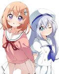  2girls blue_eyes blue_hair blue_neckerchief blush cardigan gochuumon_wa_usagi_desu_ka? hair_between_eyes hair_ornament haru_(konomi_150) hat highres hoto_cocoa kafuu_chino light_blue_hair long_hair long_sleeves multiple_girls neckerchief one_eye_closed orange_hair parted_lips pink_cardigan pleated_skirt puffy_short_sleeves puffy_sleeves purple_eyes short_hair short_sleeves simple_background skirt white_background white_headwear white_skirt x_hair_ornament 