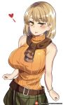  1girl absurdres ashley_graham bare_shoulders belt blonde_hair bracelet breasts brown_scarf green_skirt heart highres hinghoi jewelry large_breasts medium_hair orange_shirt resident_evil resident_evil_4 scarf shirt skirt sleeveless sleeveless_turtleneck solo tongue tongue_out turtleneck yellow_eyes 