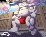  2023 anthro asian_clothing barazoku belly big_belly bulge clothing detailed_background east_asian_clothing fundoshi hi_res humanoid_hands japanese_clothing kemono lagomorph leporid male mammal musclegut night nipples outside overweight overweight_male plant rabbit reclamon red_clothing red_fundoshi red_underwear shangri-la_frontier solo tree underwear vorpal_rabbit vysache white_body 
