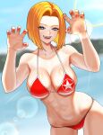  1girl bikini blonde_hair blue_eyes blue_mary bob_cut breasts claw_pose fatal_fury highres large_breasts nail_polish open_mouth outdoors red_bikini sharp_teeth short_hair snk solo swimsuit teeth the_king_of_fighters yukimune 