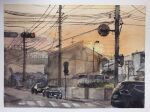  bridge building car cloud cloudy_sky day motor_vehicle no_humans original painting_(medium) power_lines road road_sign sign sky street sunlight tlctm7h8wdwnthx traditional_media traffic_light utility_pole watercolor_(medium) 