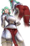  1girl absurdres armor ass ass_focus breastplate breasts cuirass cuisses gauntlets green_hair highres large_breasts looking_at_viewer original red_lips reflection shoulder_armor slit_pupils wass_nonnam yellow_eyes 