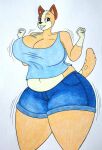  anthro australian_cattle_dog big_breasts blue_clothing blue_shirt blue_topwear bluey_(series) bottomwear breasts brown_body brown_fur canid canine canis cattledog chilli_heeler cleavage clothed clothing crop_top curvaceous curvy_figure cutoffs daisy_dukes dancing denim denim_clothing domestic_dog female fur herding_dog hi_res hotpants mammal midriff motion_lines navel orange_body orange_fur pastoral_dog shirt shorts simple_background slightly_chubby solo tan_body tan_fur thaliaglacyswells thick_thighs topwear traditional_media_(artwork) voluptuous white_background wide_hips 