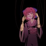  1girl black_background blue_bow bow brown_kimono hair_bow highres ii_nkmk japanese_clothes kimono kohaku_(tsukihime) long_sleeves prosthesis prosthetic_arm puppet puppet_strings red_hair short_hair smile solo tsukihime yellow_eyes 