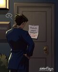  1boy ace_attorney commentary door english_commentary english_text from_behind hand_on_own_neck male_focus night note outdoors phoenix_wright short_hair solo spoken_sweatdrop stelarpidgin suit sweatdrop 