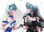  2girls aqua_hair bang_dream! bare_shoulders black_dress black_gloves blush bridal_veil closed_mouth commentary detached_sleeves dress earrings falling_petals flower frilled_gloves frilled_sleeves frills gloves green_eyes hand_on_own_chest highres hikawa_hina hikawa_sayo idol idol_clothes incest jewelry long_hair looking_at_another multiple_girls petals rose see-through_veil shade short_hair short_sleeves siblings simple_background sisters sleeveless sleeveless_dress smile sparkle strapless strapless_dress tiara twincest twins upper_body veil wedding_dress white_background white_dress white_gloves wife_and_wife yuri zihacheol 