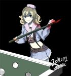  1girl artist_name ball bamboo belt beret billiard_ball black_background blonde_hair blood blood_on_clothes blood_on_face blood_splatter blue_eyes blue_jacket blue_skirt clip_studio_paint_(medium) commentary dated empty_eyes fingerless_gloves gameplay_mechanics girls&#039;_frontline gloves grin hat holding holding_bamboo_shoot jacket korean_commentary long_hair looking_at_viewer madcore midriff ots-44_(girls&#039;_frontline) pink_headwear pool_table shaded_face simple_background skirt smile solo suspenders table weapon 