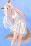 1girl animal_ears aqua_eyes blue_background breasts cat_ears cat_girl dress feet_out_of_frame fox_ears fox_girl fox_tail heterochromia highres leaning_to_the_side long_hair looking_at_viewer losse_(personal_ami) original see-through see-through_dress shchrit small_breasts smile solo tail thick_eyebrows very_long_hair waving_arm white_dress white_hair yellow_eyes 