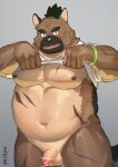 anthro balls belly blush bottomless bracelet brown_body brown_fur canid canine canis clothed clothing clothing_lift domestic_dog embarrassed facial_scar foreskin fur genitals hi_res jewelry lifewonders male mammal musclegut natsuhakoura navel nipples pecs penis scar shirt shirt_lift solo t-shirt tokyo_afterschool_summoners topwear yasuyori 