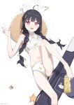  1girl @_@ absurdres armpits barefoot bei_liou bikini black_hair blue_archive bow bowtie braid breasts feet foot_out_of_frame grey_halo halo hand_on_own_thigh hand_up hat highres knee_up leaf_print long_hair looking_at_viewer lying miyu_(blue_archive) miyu_(swimsuit)_(blue_archive) navel on_back open_mouth pink_eyes shadow simple_background small_breasts solo starfish straw_hat swimsuit thighs toenails toes twin_braids twitter_username white_background white_bikini white_bow white_bowtie 