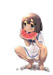  1girl barefoot black_hair blue_eyes blue_sailor_collar bob_cut daitou_(kancolle) dress eating food fruit harukaze_unipo high_ponytail highres kantai_collection looking_to_the_side sailor_collar sailor_dress short_sleeves sidelocks simple_background solo squatting tan tanlines watermelon wet wet_clothes white_background white_dress 