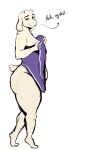  2023 anthro belly boss_monster bottomless bovid bra caprine clothed clothing dialogue digital_media_(artwork) female goat herrkennstalles horn looking_aside looking_at_viewer mammal monotone_background side_view simple_background solo standing talking_to_viewer text thick_thighs toriel undertale undertale_(series) underwear undressing white_background 