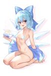  1girl :d absurdres awei_chaoyong bare_legs barefoot bikini blue_bow blue_eyes blue_hair bow cirno drop_shadow english_commentary flat_chest hair_between_eyes hair_bow hand_up highres ice ice_wings medium_hair micro_bikini mixed-language_commentary open_mouth petite photo-referenced seiza simple_background sitting smile solo swimsuit touhou undressing white_background wings 