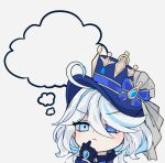  1girl absurdres ahoge black_gloves blue_bow blue_eyes blue_headwear bow chibi commentary_request furina_(genshin_impact) genshin_impact gloves hat hat_bow highres looking_at_viewer melonbread short_hair solo thought_bubble top_hat white_hair 