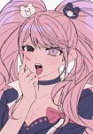  1girl :p bear_hair_ornament black_choker black_shirt bow breasts choker cleavage danganronpa:_trigger_happy_havoc danganronpa_(series) enoshima_junko hair_ornament heterochromia highres kabedon large_breasts non_danganronpa open_mouth pink_hair red_bow shirt shirt_bow solo teeth tongue tongue_out twintails upper_body upper_teeth_only 