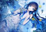  1girl absurdres afloat artist_name bangs black_hair blue_eyes blue_flower blue_hair blue_ribbon blue_sky bracelet brooch buttons cevio character_name cloud cloudy_sky collared_dress colored_inner_hair day dress feet_out_of_frame flower from_above futaba_minato gradient_ribbon hair_ornament hair_spread_out hairclip hand_on_own_chest hand_up highres hitoba holding holding_flower jewelry light_blush long_hair looking_at_viewer lying multicolored_hair neck_ribbon on_back open_mouth outdoors partially_submerged reflection reflective_water ribbon shadow sky sleeveless sleeveless_dress smile solo swept_bangs transparent_border tree white_dress yellow_flower 