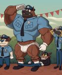  anthro assisted_exposure canid canine canis clothing domestic_dog fox gesture gissab male mammal muscular officer_gyves outside pantsing police public rob_(gissab) salute underwear 