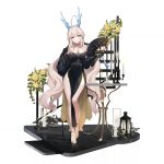  1girl ahoge bare_legs bare_shoulders black_dress black_gloves blue_eyes breasts candle candlestand champagne_flute cup dragon_girl dragon_horns dress drinking_glass elbow_gloves eversoul feather_boa flower full_body game_cg gloves hair_between_eyes hand_fan high_heels highres holding holding_fan honglan_(eversoul) horns lantern large_breasts leaf long_hair looking_at_viewer mole mole_under_eye non-web_source official_alternate_costume official_alternate_hairstyle official_art parted_lips pelvic_curtain side_slit solo spiral_staircase stairs standing table tachi-e thighs transparent_background twintails very_long_hair white_hair yellow_flower yellow_footwear 