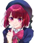  1girl arima_kana beret blue_headwear blue_jacket bow closed_mouth collared_shirt commentary_request finger_to_mouth hat highres jacket oshi_no_ko pink_bow red_eyes red_hair school_uniform shirt short_hair simple_background smile solo unajuu_10 