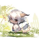  1girl animal bag barefoot chibi closed_mouth commentary_request day fox grey_hair hair_between_eyes highres horns japanese_clothes kimono long_sleeves original outdoors pointy_ears red_eyes smile solo tail walking white_kimono wide_sleeves yuuji_(yukimimi) 