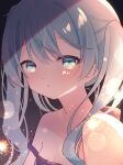  1girl absurdres aerial_fireworks blue_eyes blue_hair blurry blush bokeh breasts commentary_request depth_of_field fireworks hatsune_miku highres long_hair looking_at_viewer parted_lips shirt sleeveless sleeveless_shirt small_breasts solo strap_slip upper_body vocaloid yomiya_yumeha 